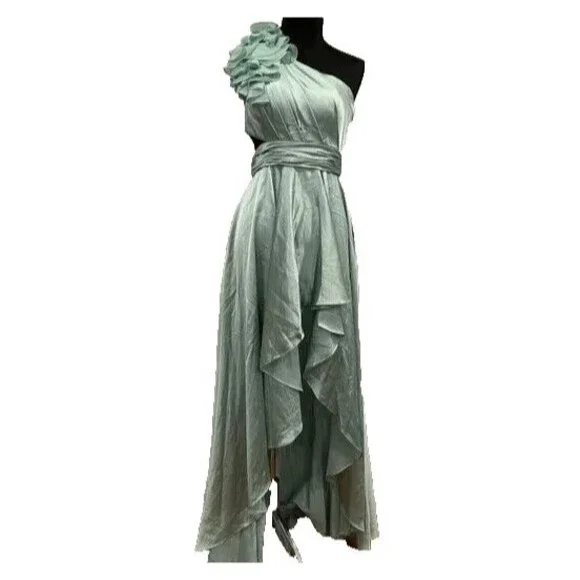 MAC DUGGAL RUFFLE ONE SHOULDER CUT OUT HI LOW DRESS SAGE‎ GREEN SZ 4 NEW $398